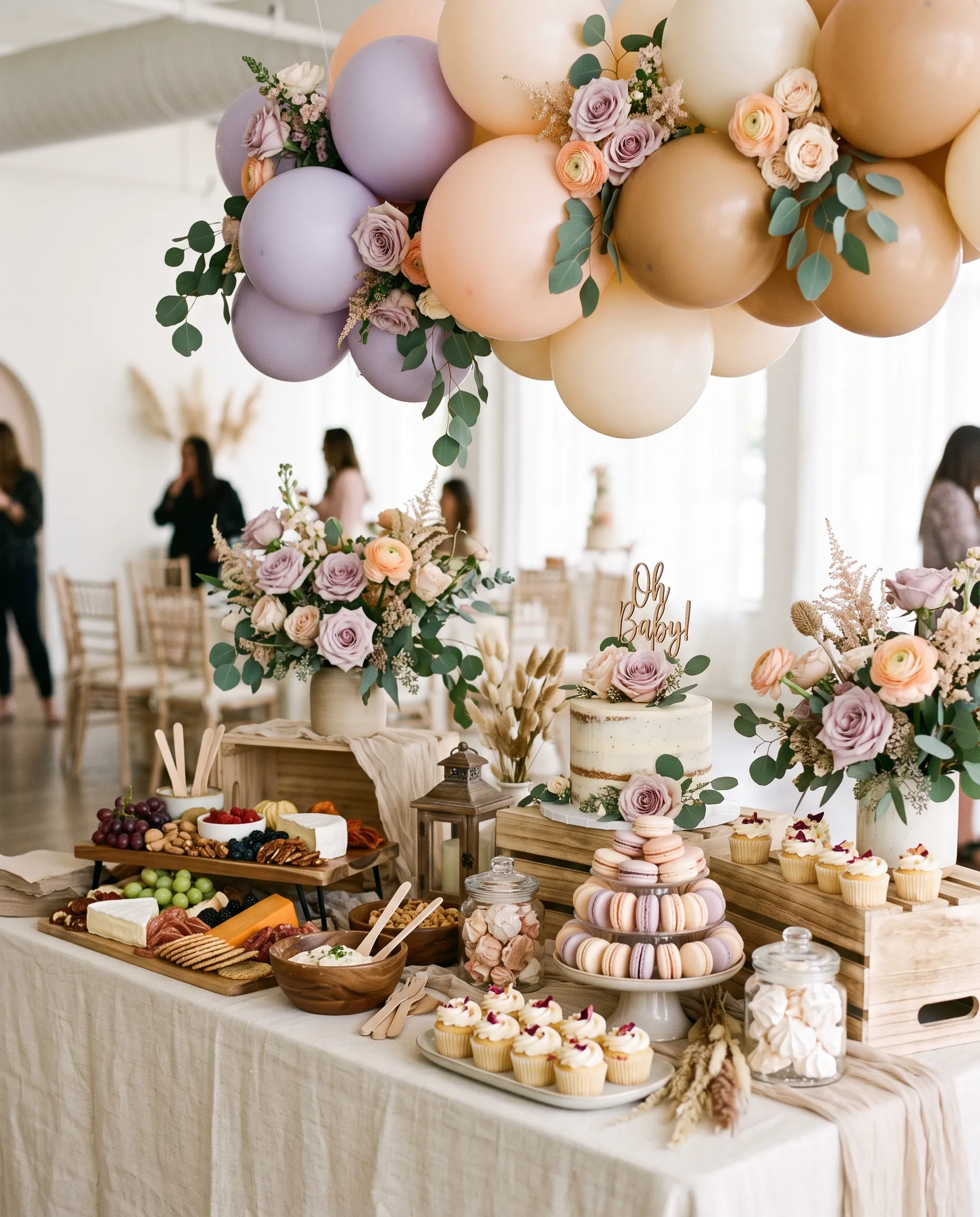 A soft baby-shower dessert table with lavender and peach florals