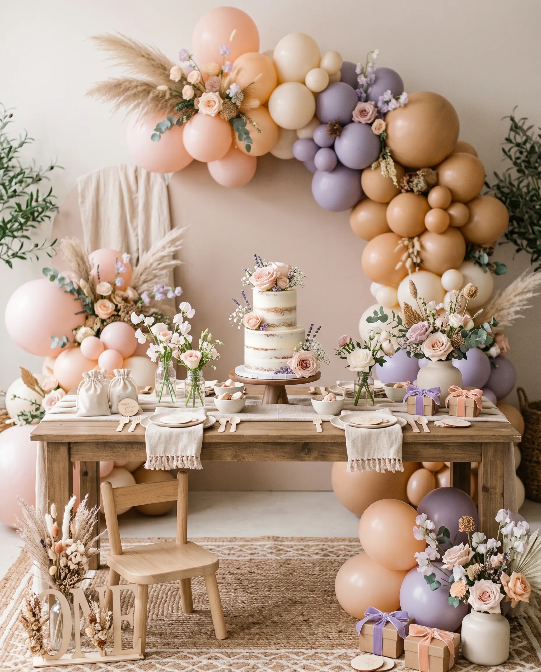 A styled children’s birthday party with a soft balloon arch and cake table