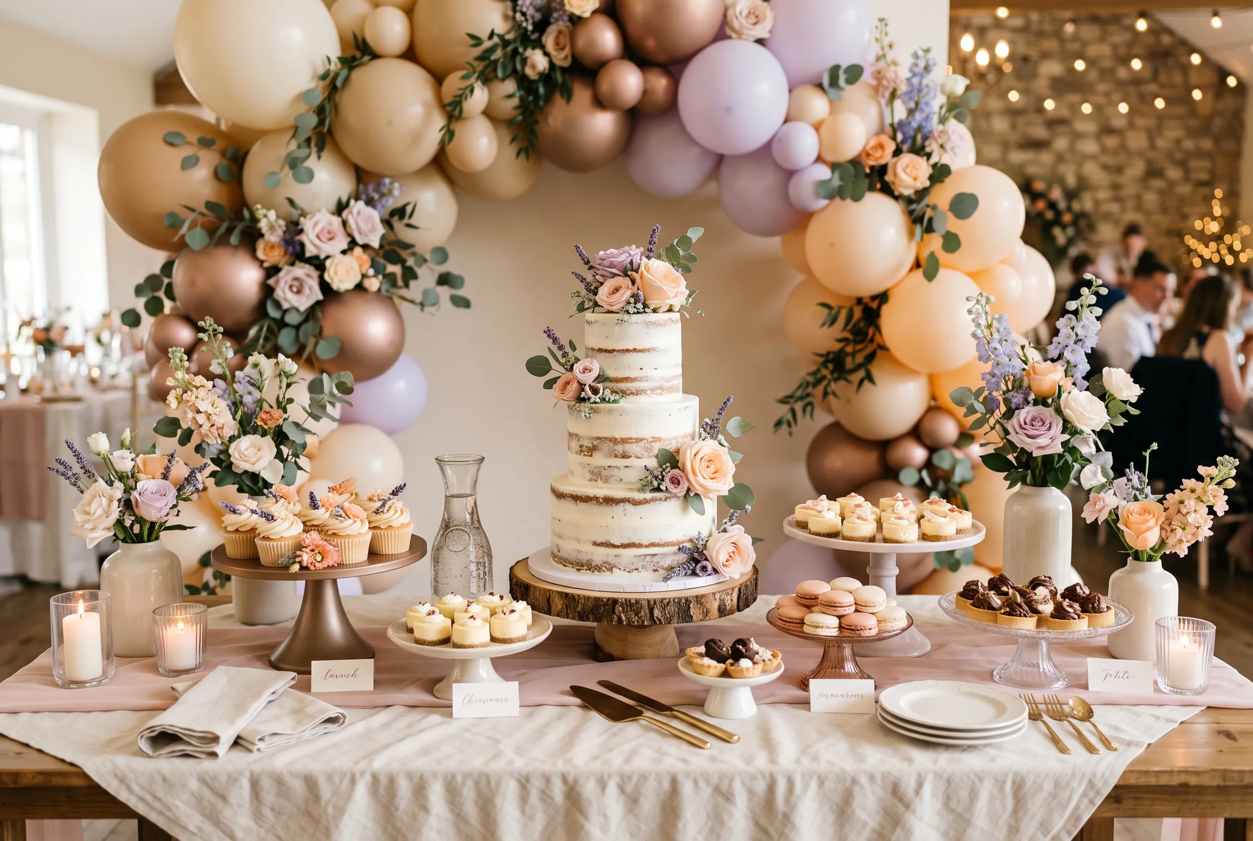 A styled dessert table with cake and sweets